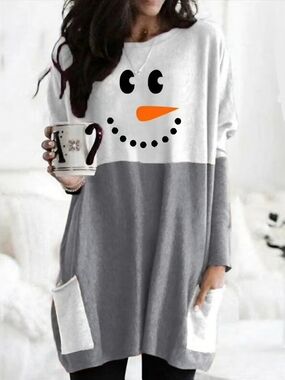 Cozy Snowman Colorblock Lounge Dress White & Gray with Orange Carrot Nose 2X